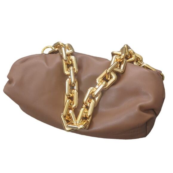 Elegant Tan Purse with Gold Chain Detail Chic Brown & Gold Accent Bag - Picture 3 of 5